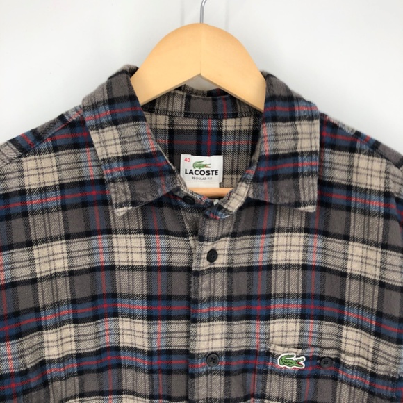 Lacoste Mens Flannel Shirt Size Medium Plaid Button Up Long Sleeve Blue Gray - Picture 2 of 14